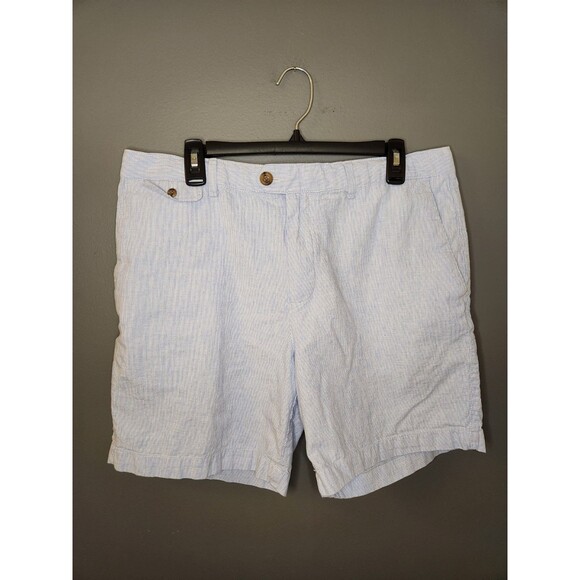 Banana Republic Shorts Men's 35 Blue Striped Linen Blend 7" Chino Casual‎ Preppy - Picture 1 of 4